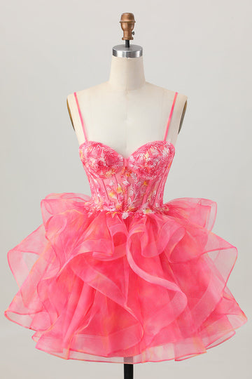 Red Corset Ruffled A Line Homecoming Dress with Appliques